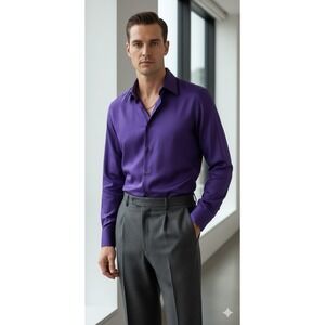 Vintage 100% Silk Shirt Men's Made in Hong Kong Elegante Purple L 16-16.5 35